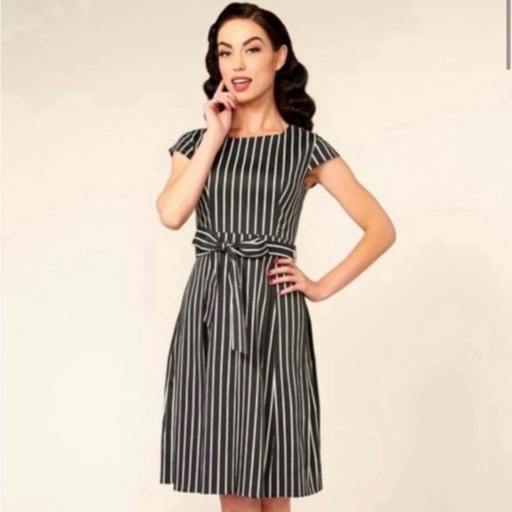 Pinup Couture / Golightly Mae dress in
Victorian Stripe-Goth- Size Med - EUC